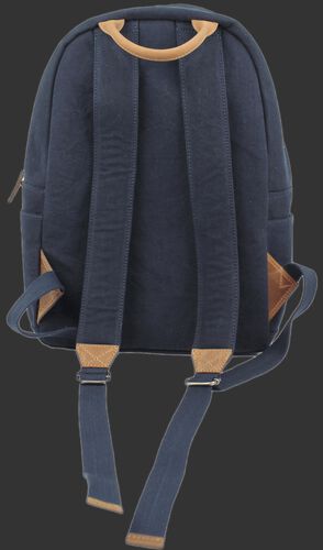 Back of a navy V164-400 Rawlings Canvas backpack with navy shoulder straps
